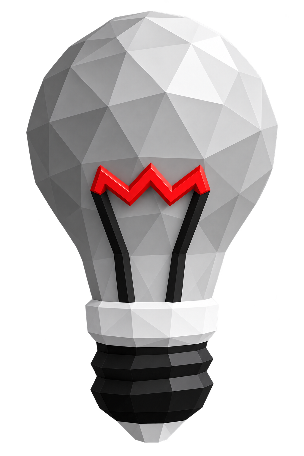 A faceted light bulb, its filament the same red dot used as the tittle in the wordmark